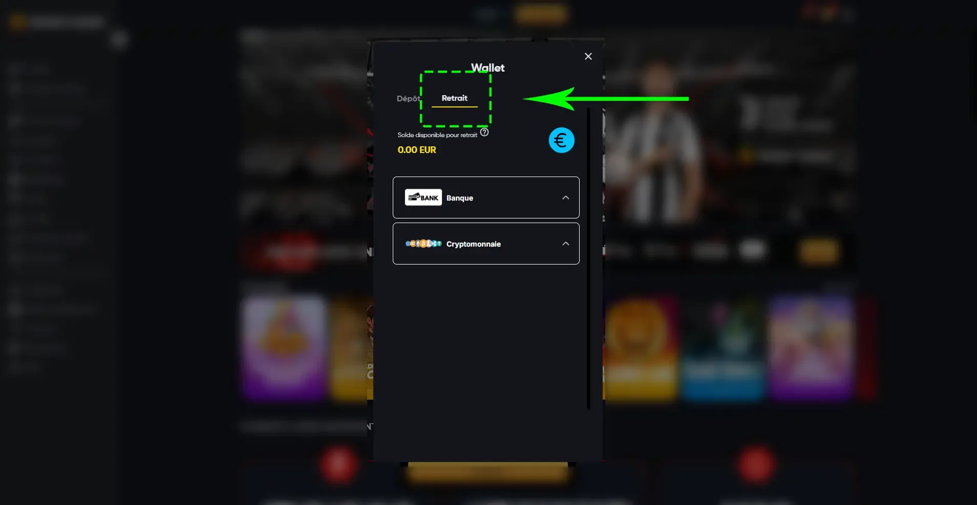 Interface de retrait sur Instant Casino avec options Banque et Cryptomonnaie disponibles