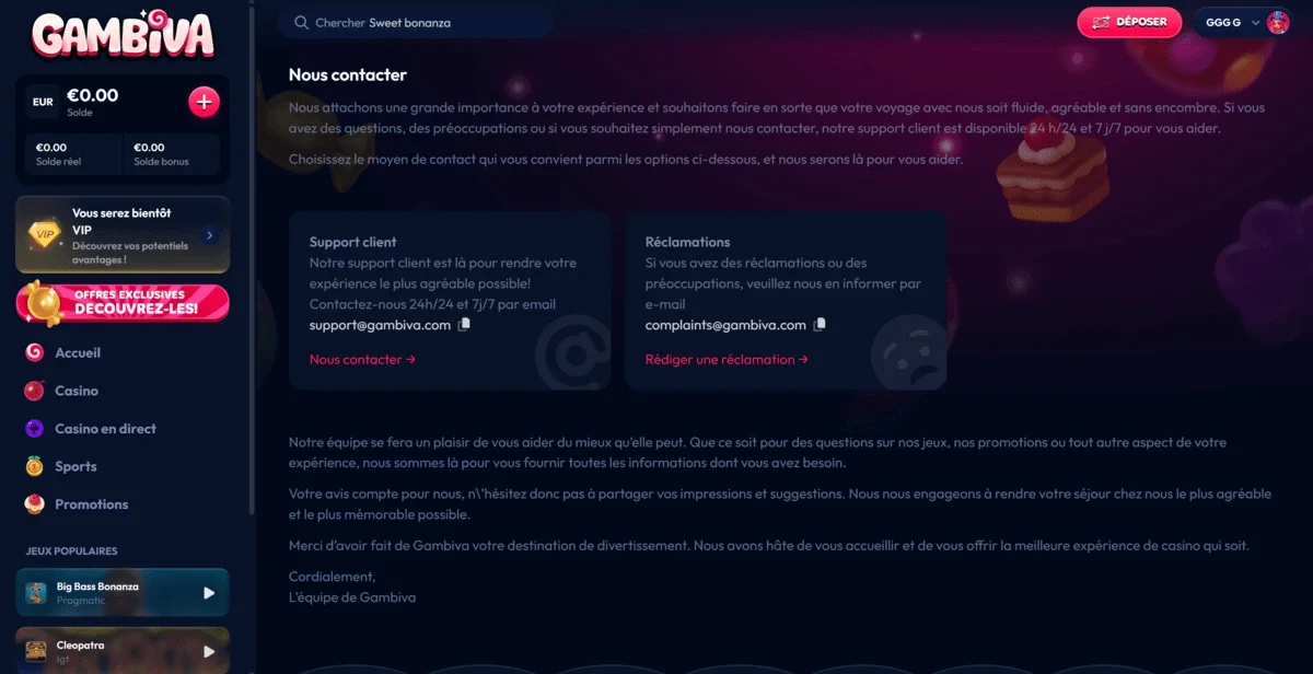 Informations du support du casino en ligne Gambiva