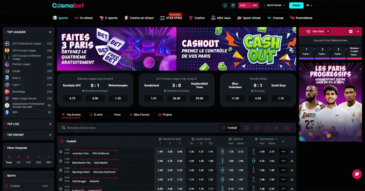 Interface des paris sportifs en direct sur Cosmobet avec options de cashout et paris progressifs