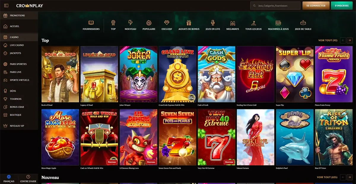 Jeux populaires de machines &agrave; sous en ligne sur CrownPlay Casino &ndash; s&eacute;lection top incluant Book of Dead, Joker Winpot et Grand Link Express.