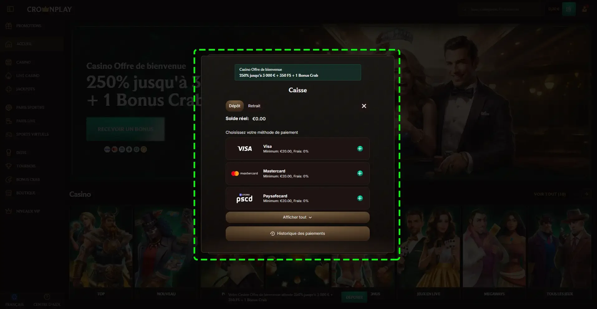 Fen&ecirc;tre de d&eacute;p&ocirc;t sur CrownPlay Casino avec m&eacute;thodes de paiement Visa, Mastercard et Paysafecard et d&eacute;p&ocirc;t minimum 20 &euro; sans frais.