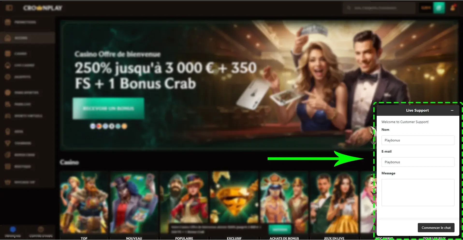 Page d&rsquo;accueil de CrownPlay Casino avec offre de bienvenue jusqu&rsquo;&agrave; 3 000 &euro; et fen&ecirc;tre de live chat affich&eacute;e pour contacter le support client.