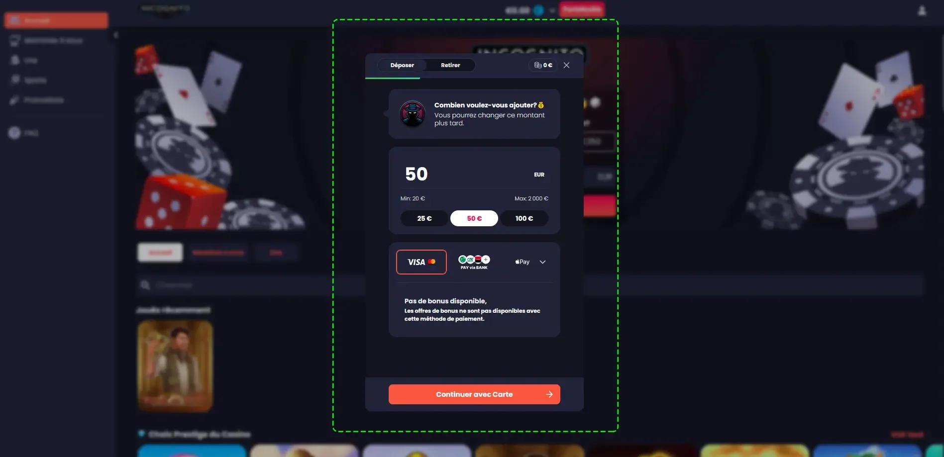 D&eacute;poser sur incognito casino