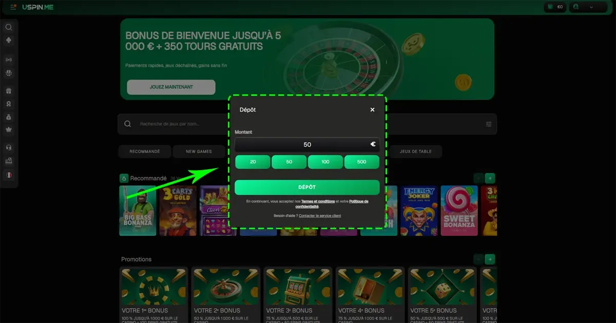 interface de d&eacute;p&ocirc;t sur le casino en ligne uspin.me