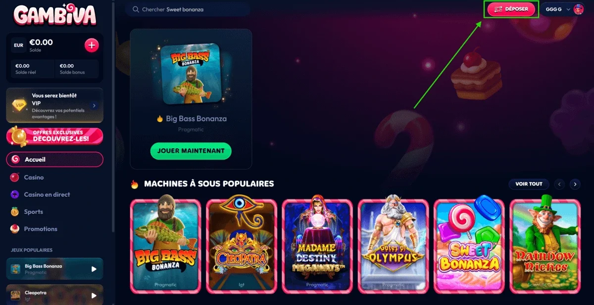 Fl&egrave;che indiquant le bouton pour d&eacute;poser sur le casino en ligne Gambiva