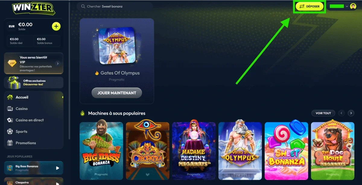 Fl&egrave;che indiquant un bouton bouton d&eacute;poser sur le casino en ligne Winzter