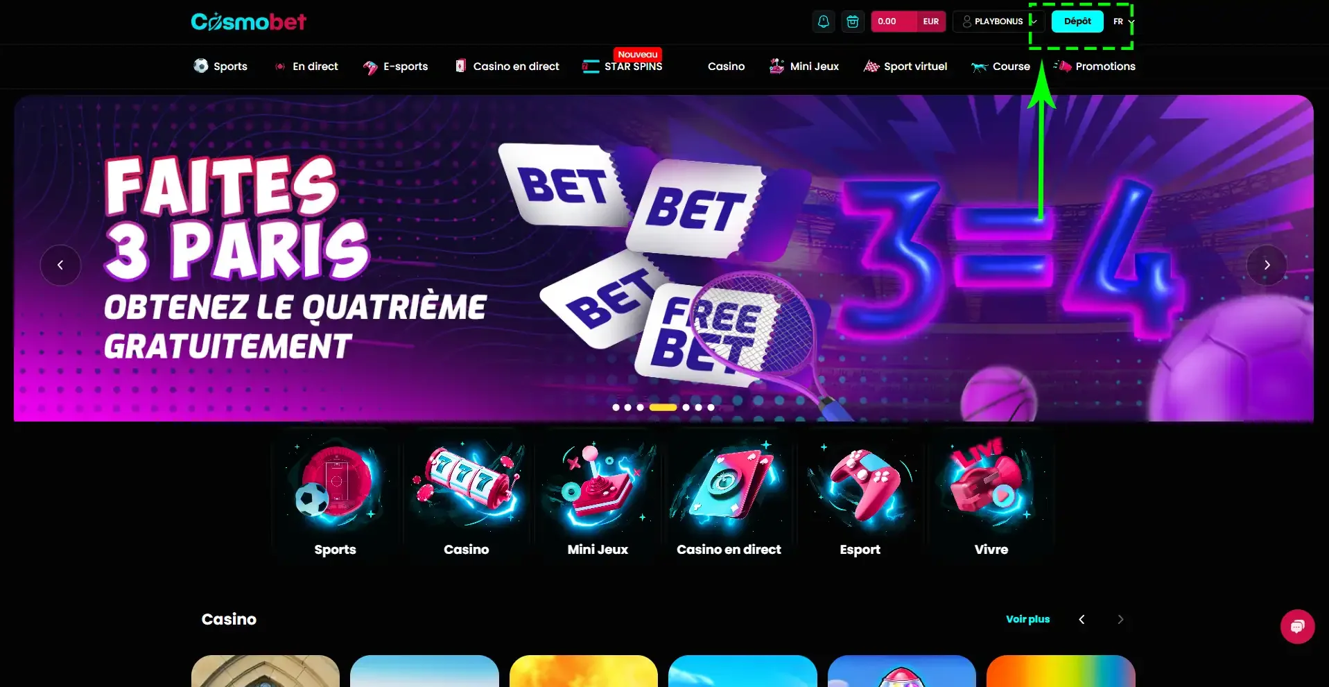 Bouton pour d&eacute;poser de l'argent cosmobet casino