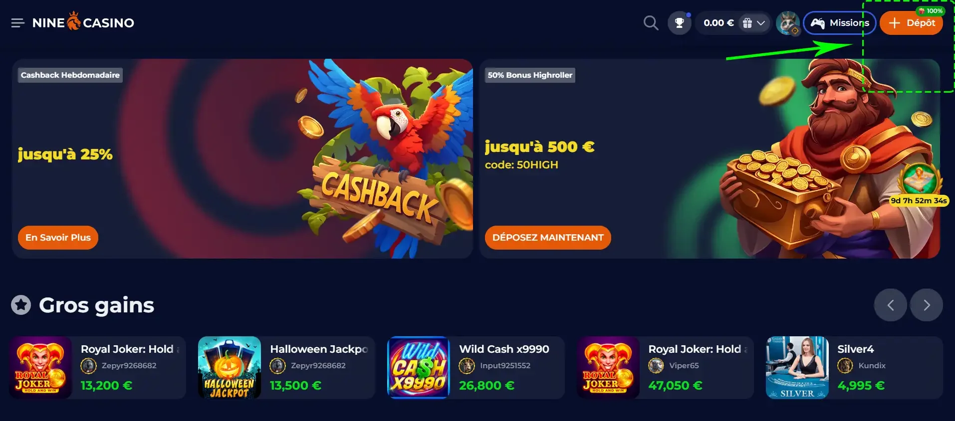Bouton d&eacute;p&ocirc;t nine casino casino en ligne