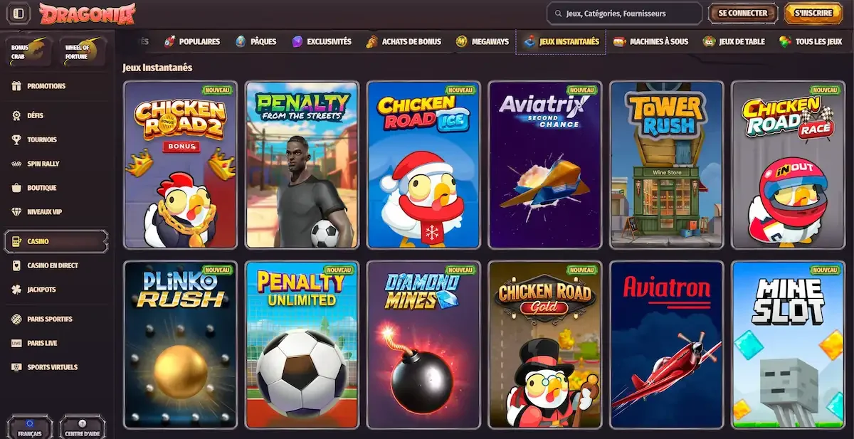 Interface mini jeux sur le casino en ligne Dragonia