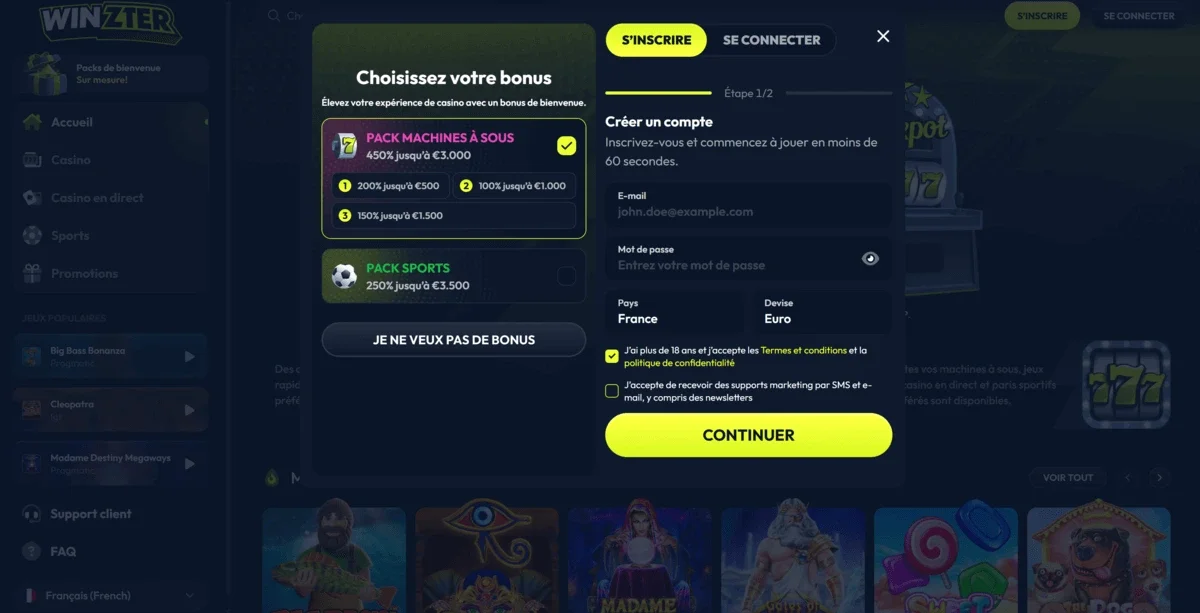 Fen&ecirc;tre d&rsquo;inscription Winzter affichant le choix de bonus 450% jusqu&rsquo;&agrave; &euro;3.000 et le formulaire de cr&eacute;ation de compte