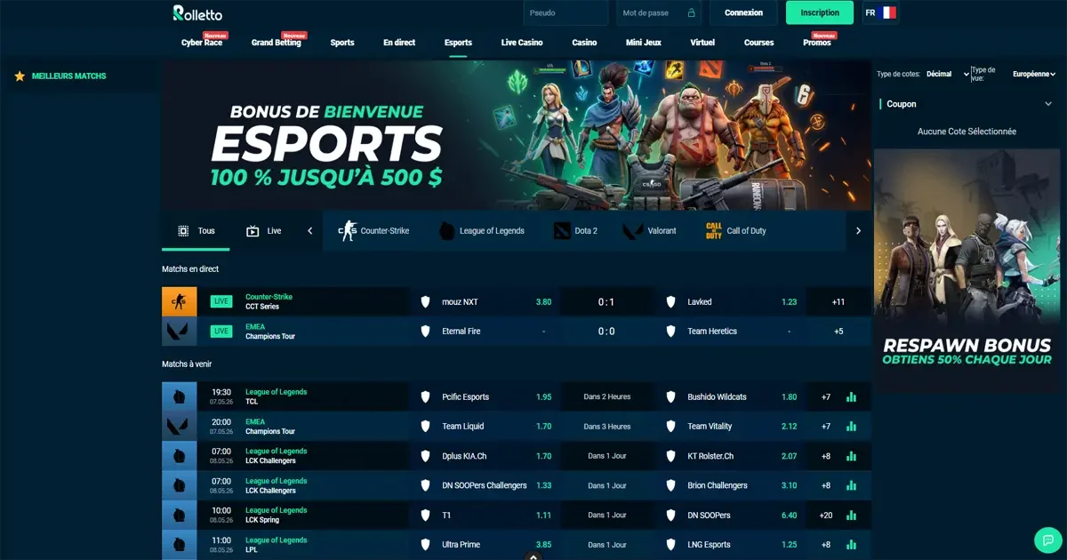 La section de pari esports sur rolletto casino