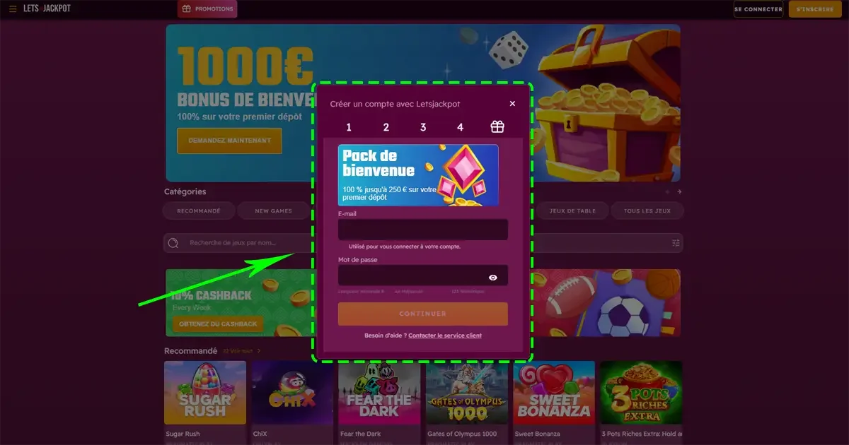 Formulaure d'inscription du casino en ligne Lets Jackpot