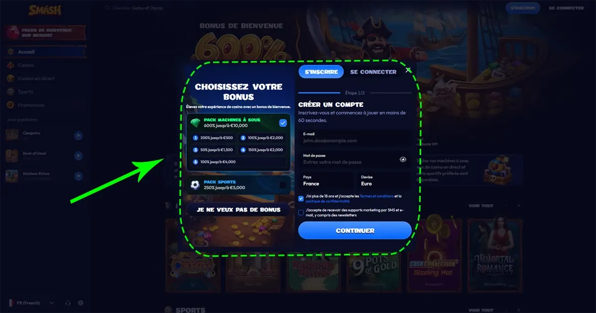 Formulaire d'inscription sur le casino en ligne Smash Casino