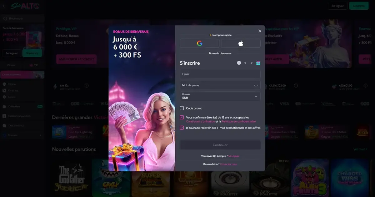 Formulaire d'inscription sur spinalto casino