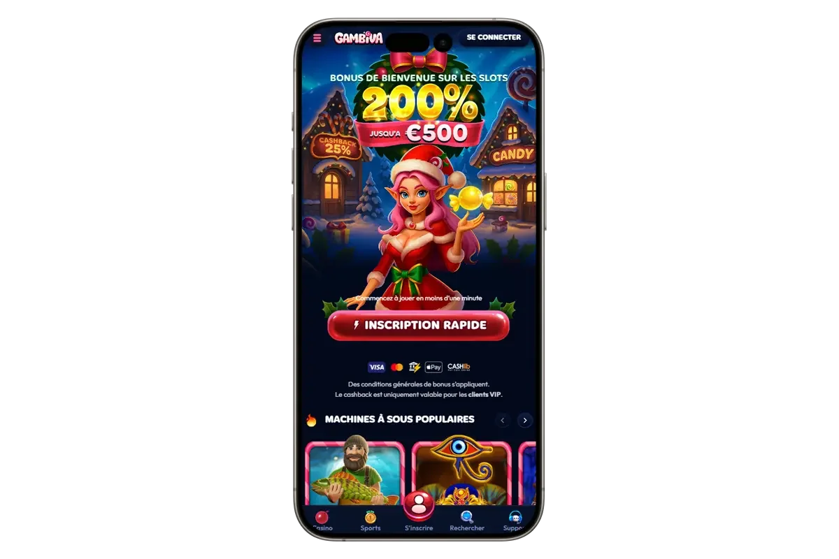 Bonus de bienvenue Gambiva Casino avec 200 % jusqu&rsquo;&agrave; 500 &euro; sur mobile
