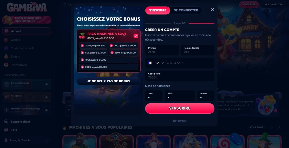 Fenetre de cr&eacute;ation de compte joueur sur le casino en ligne gambiva