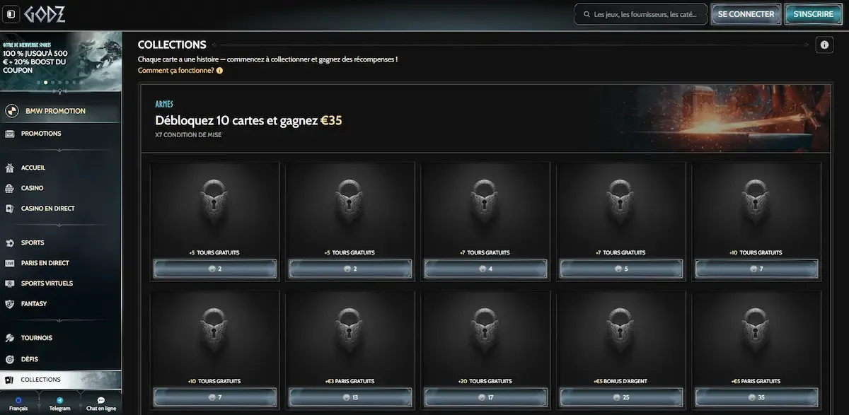 La section collections sur godz casino