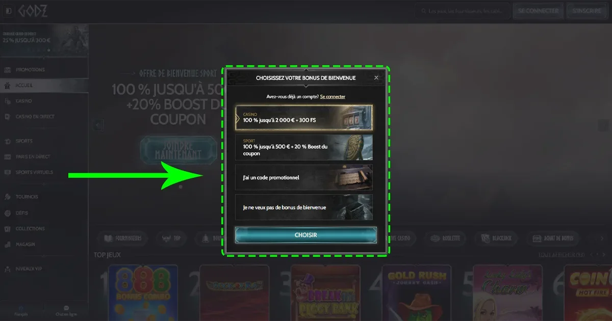 Etape n&deg;1 inscription sur godz casino