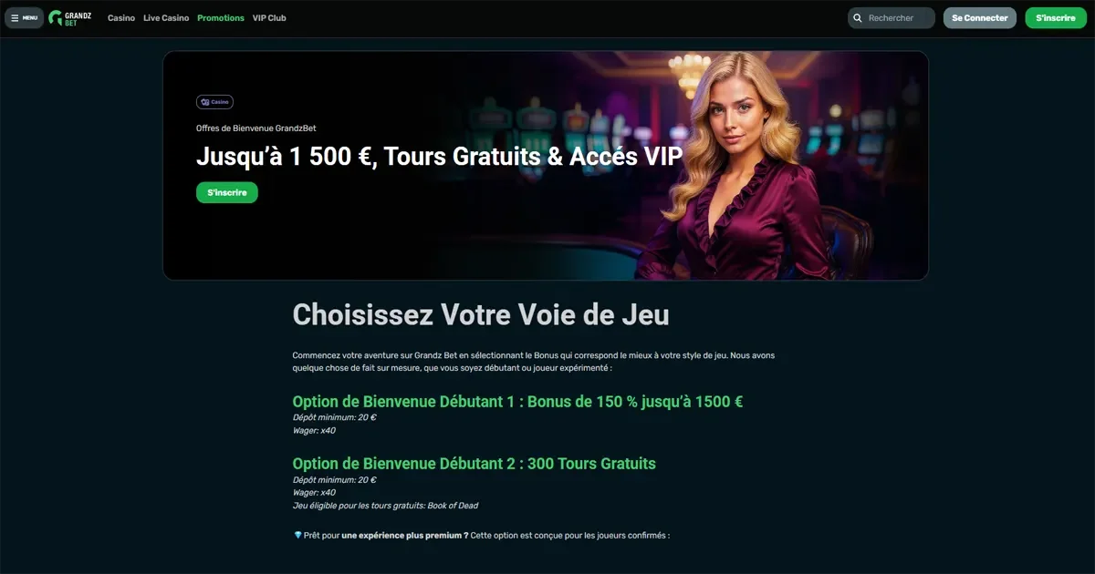 Page du bonus de bienvenue de GrandzBet Casino