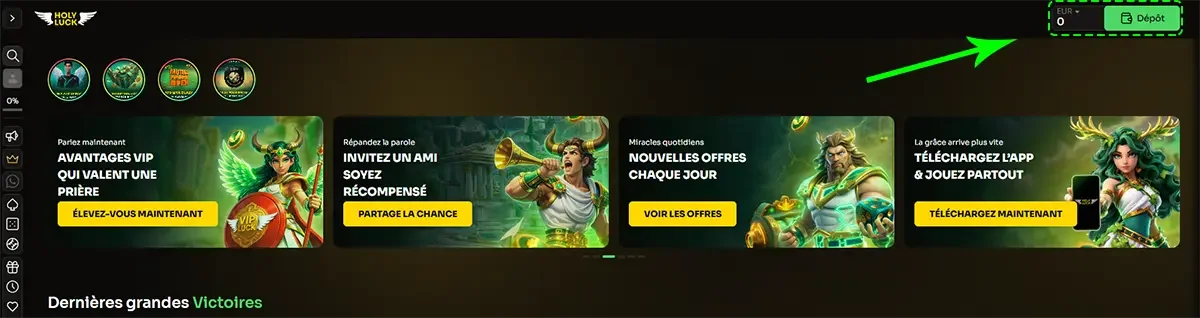 Bouton d&eacute;pot du casino en ligne holyluck