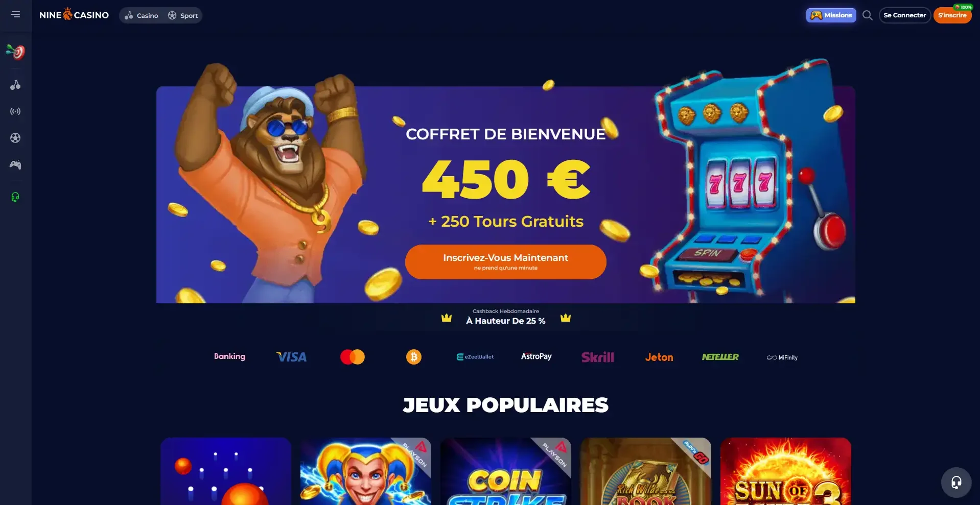 Page d'accueil du casino en ligne NineCasino