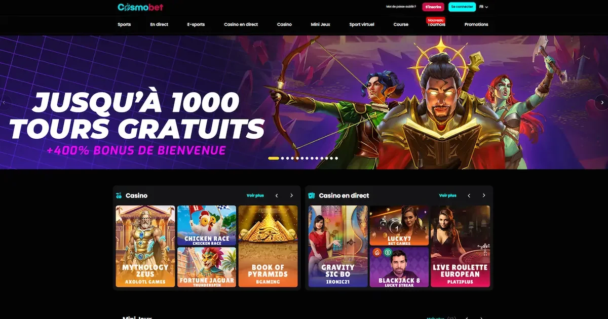 Pagge d'accueil du casino en ligne cosmobet