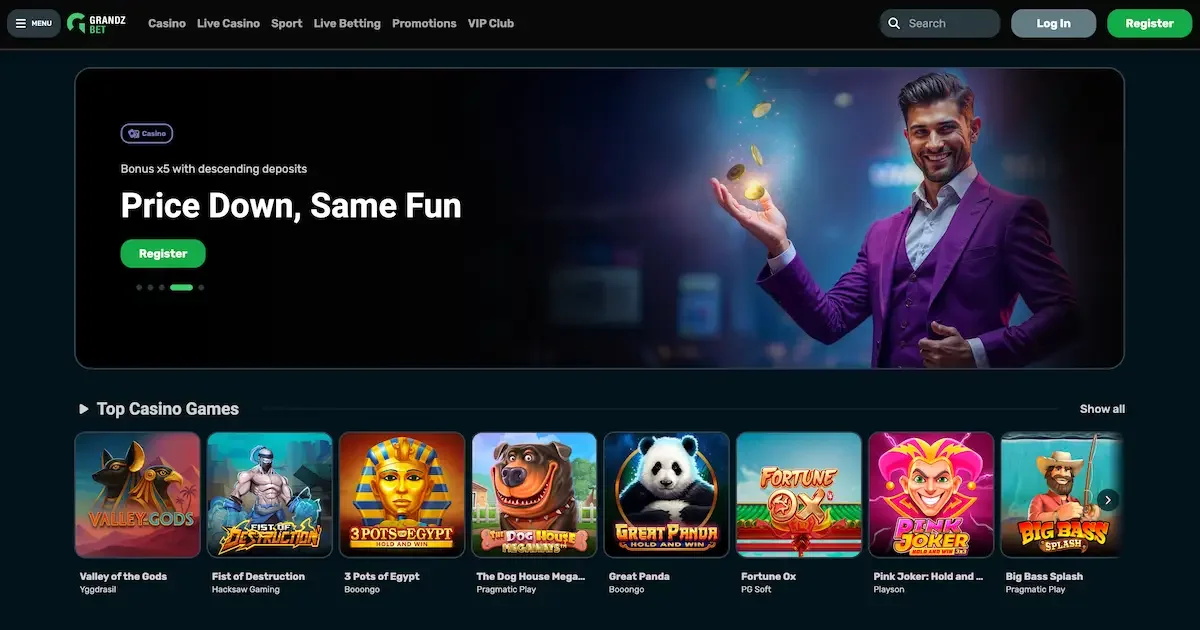 Page d'accueil du casino en ligne Grandz Bet