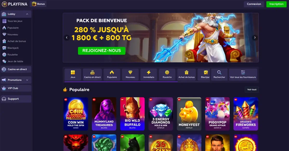 Page d'accueil du casino en ligne Playfina
