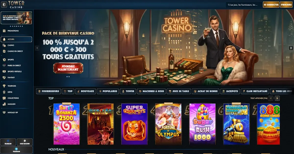 Aper&ccedil;u de la page d'accueil du casino en ligne Tower casino