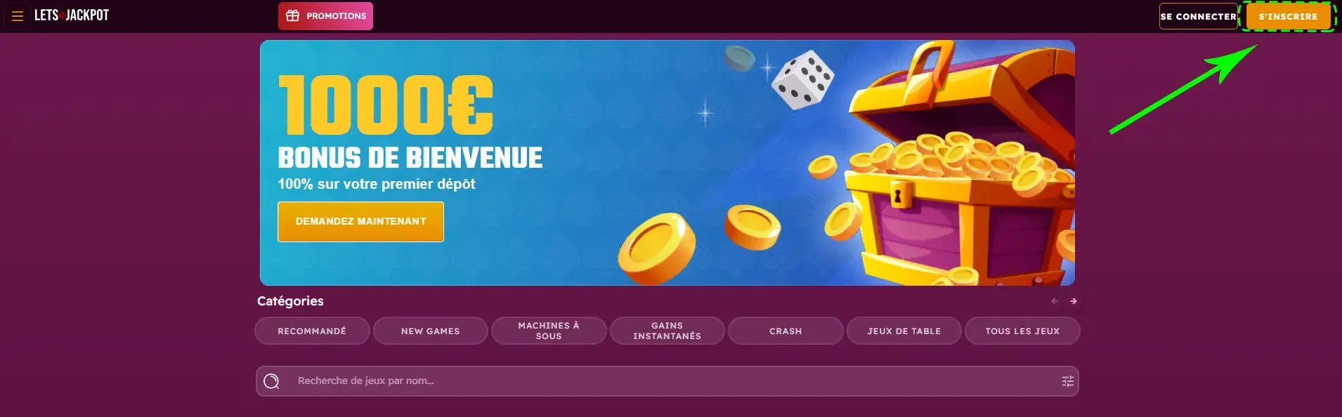 bouton s'inscrire sur le casino en ligne lets jackpot