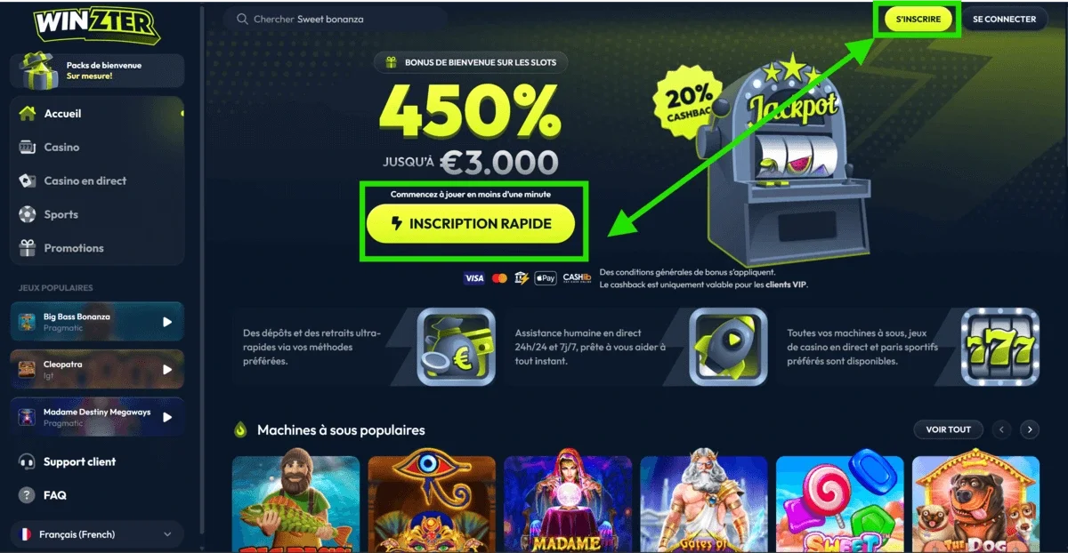 Offre de bienvenue Winzter 450% jusqu&rsquo;&agrave; &euro;3.000 avec bouton inscription rapide et machine &agrave; sous affich&eacute;e