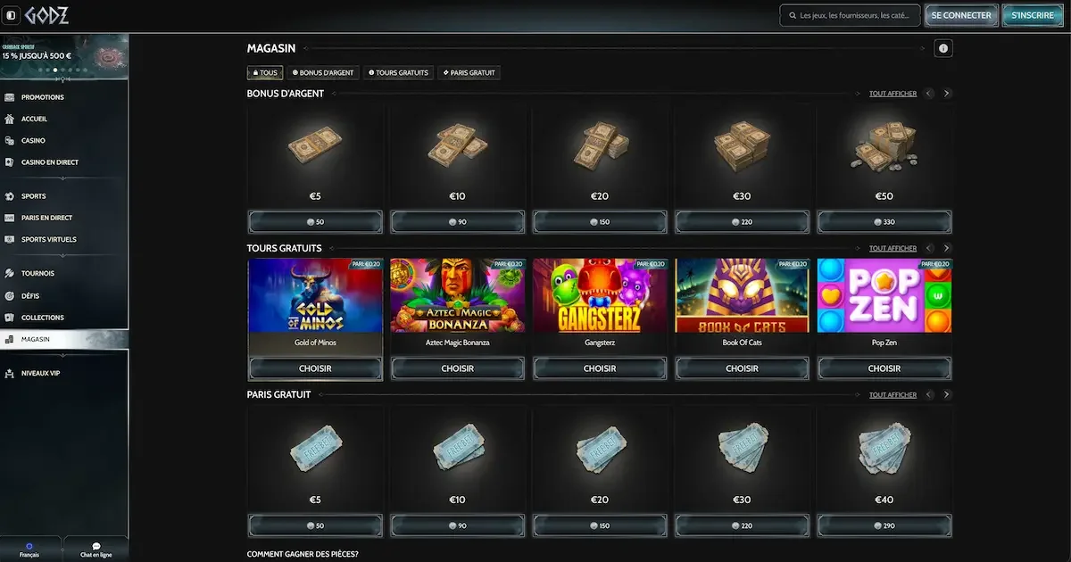 La rubrique magasin du casino en ligne Godz