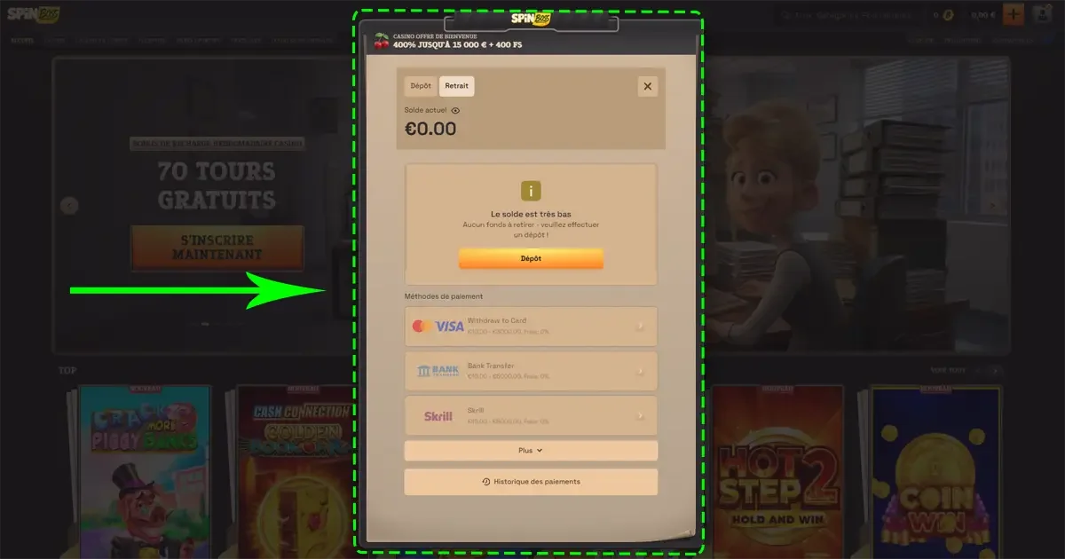 Interface de retrait spinboss casino