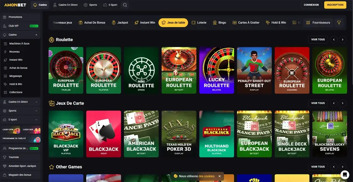Interface des jeux de table du casino en ligne Amonbet