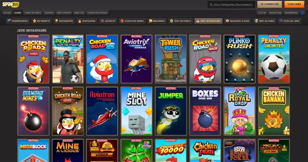 Interface des mini jeux sur spinboss casino