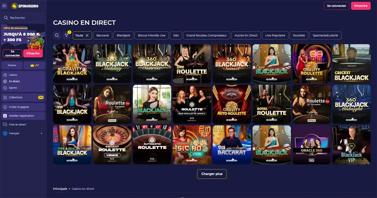 La section des jeux en direct sur spinorhino casino