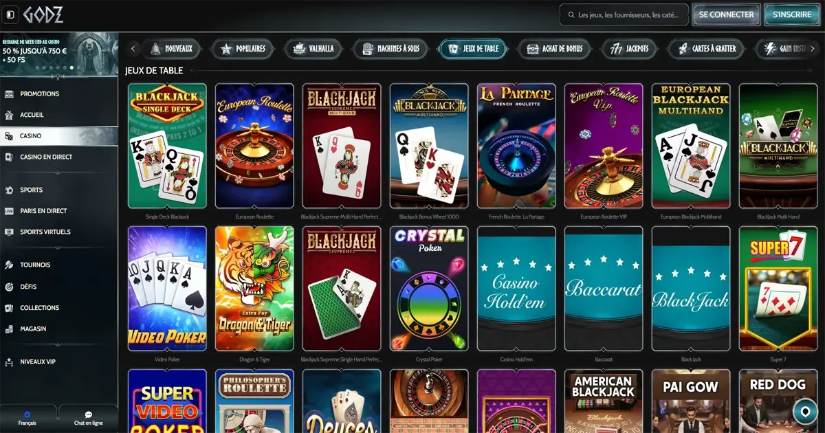 Les jeux de table sur Godz Casino