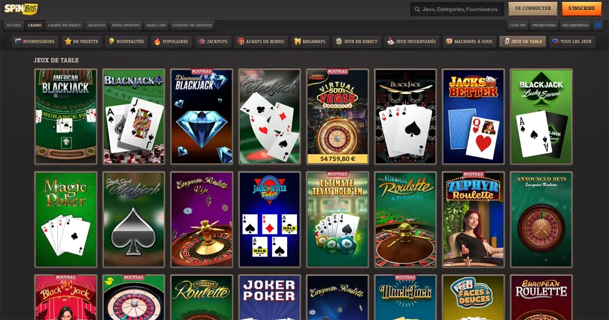 Les jeux de table sur le casino en ligne Spinboss