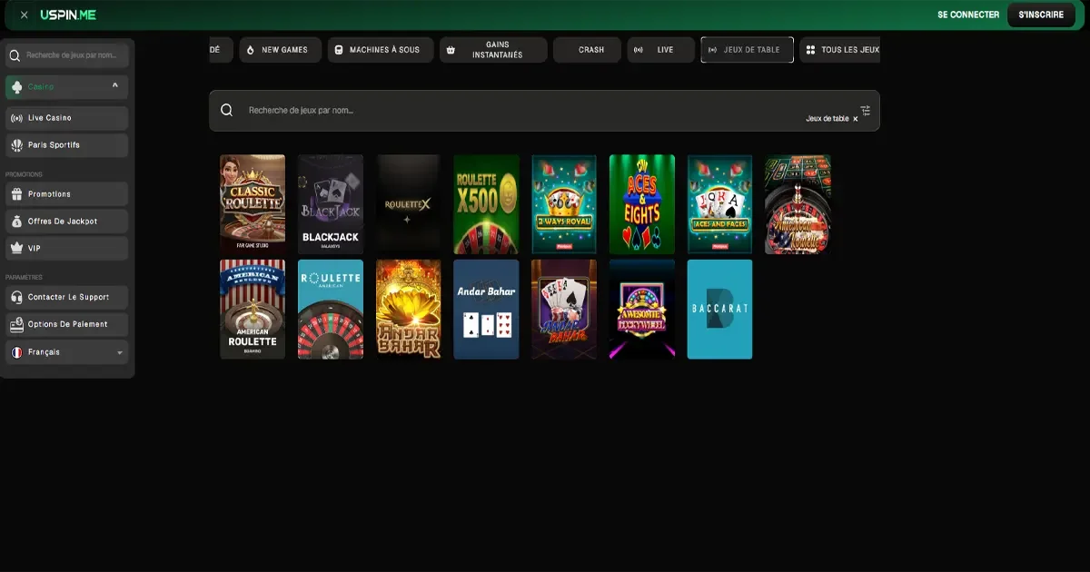 Les jeux de table sur Uspin casino