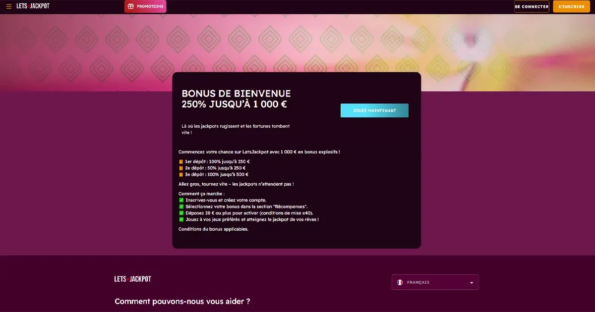 Page de bonus de bienvenue lets jackpot casino