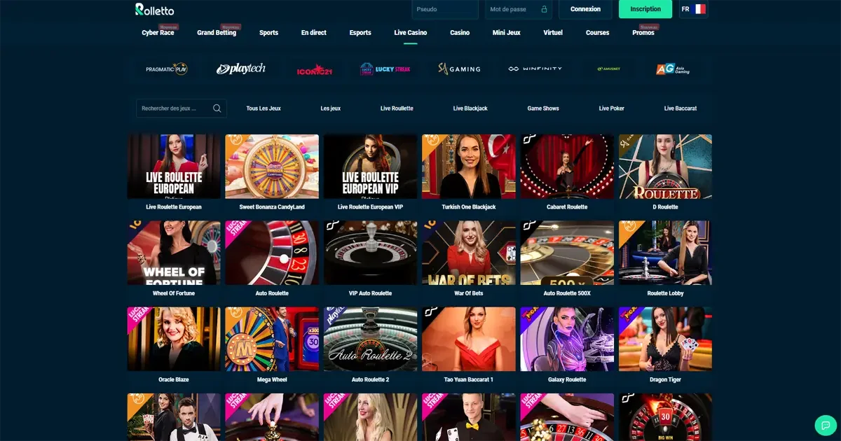 Interface des jeux en direct sur Rolletto casino