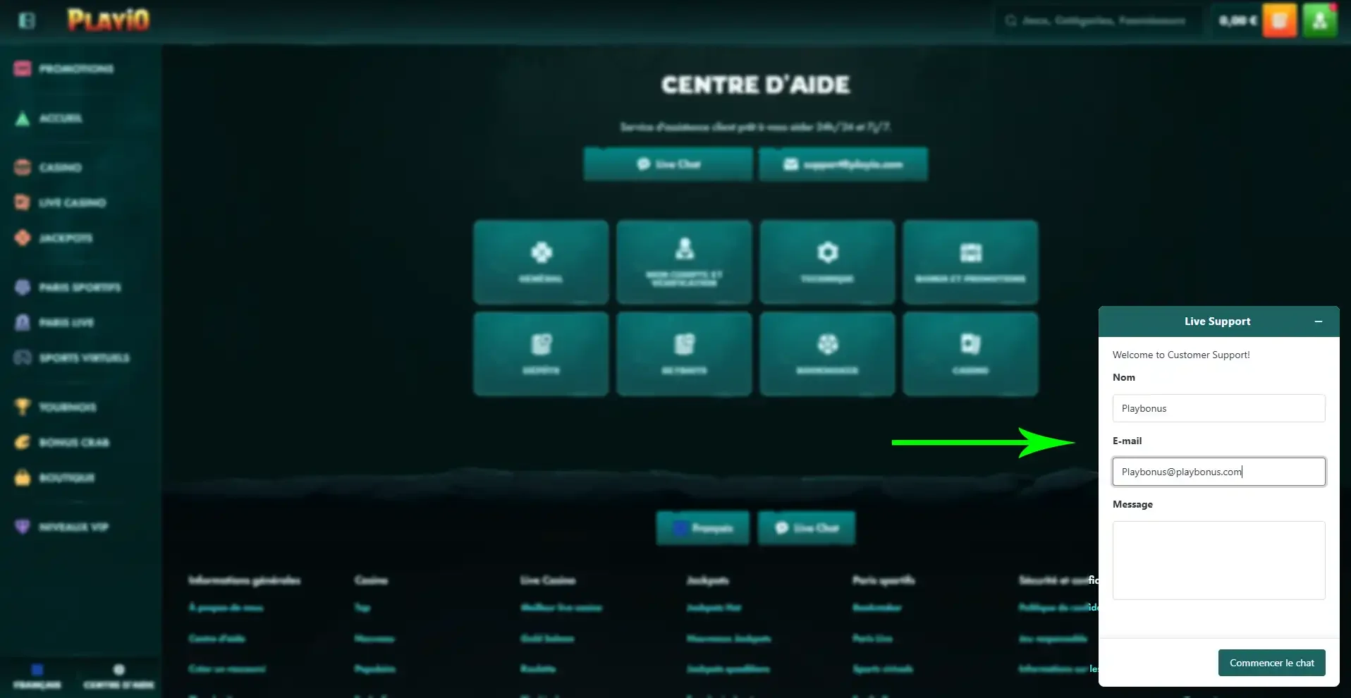 Live tchat du casino en ligne Playio