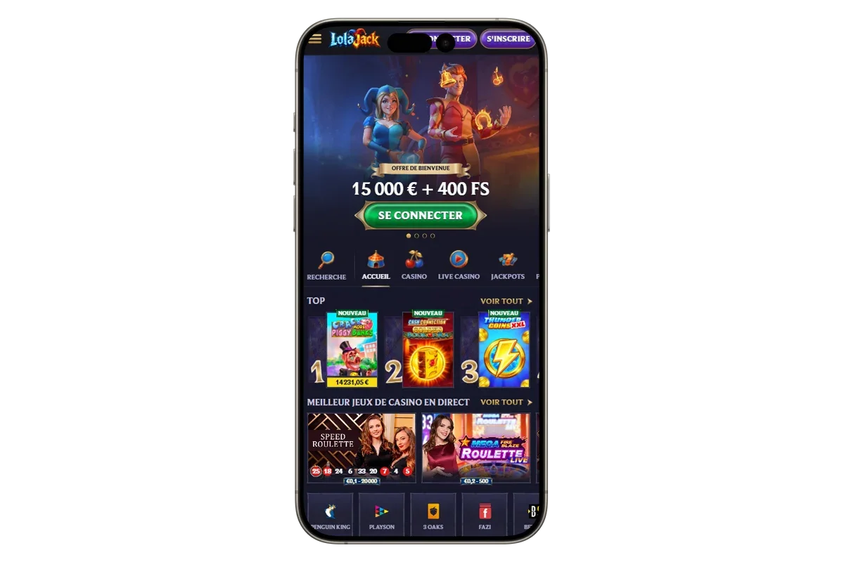 Aper&ccedil;u du casino en ligne Lolajack sur mobile