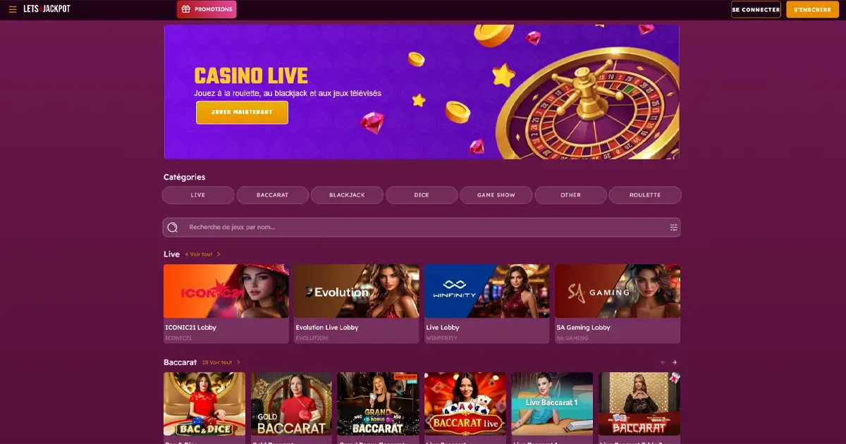 Page de l'interface du casino live letsjackpot