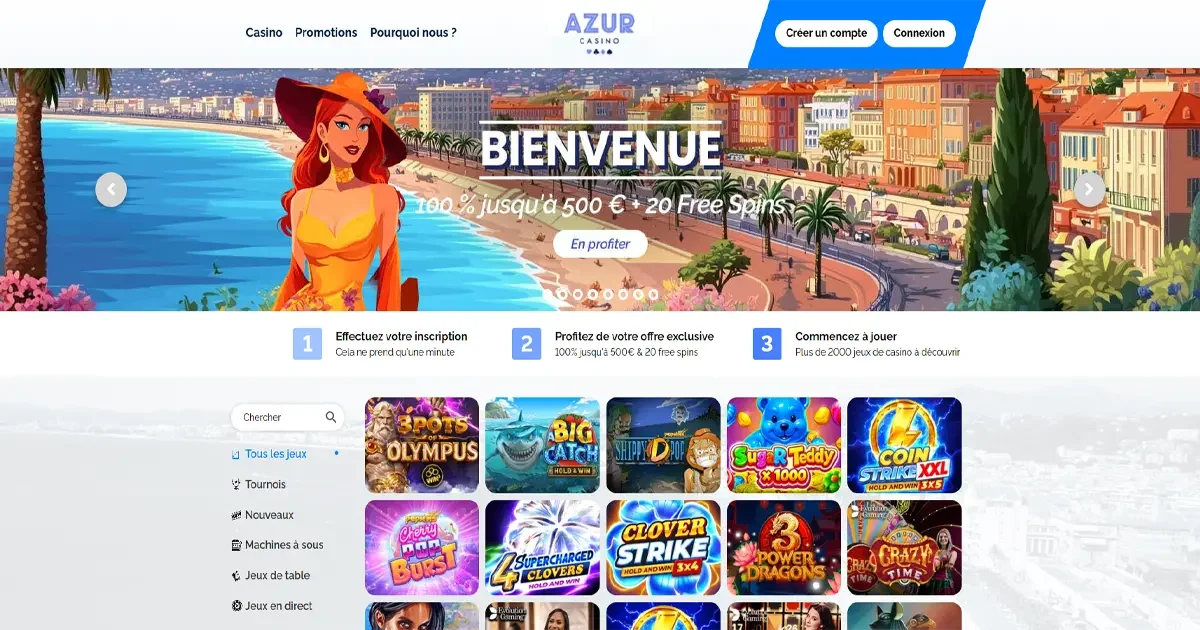 Page d'accueil du casino en ligne Azur casino