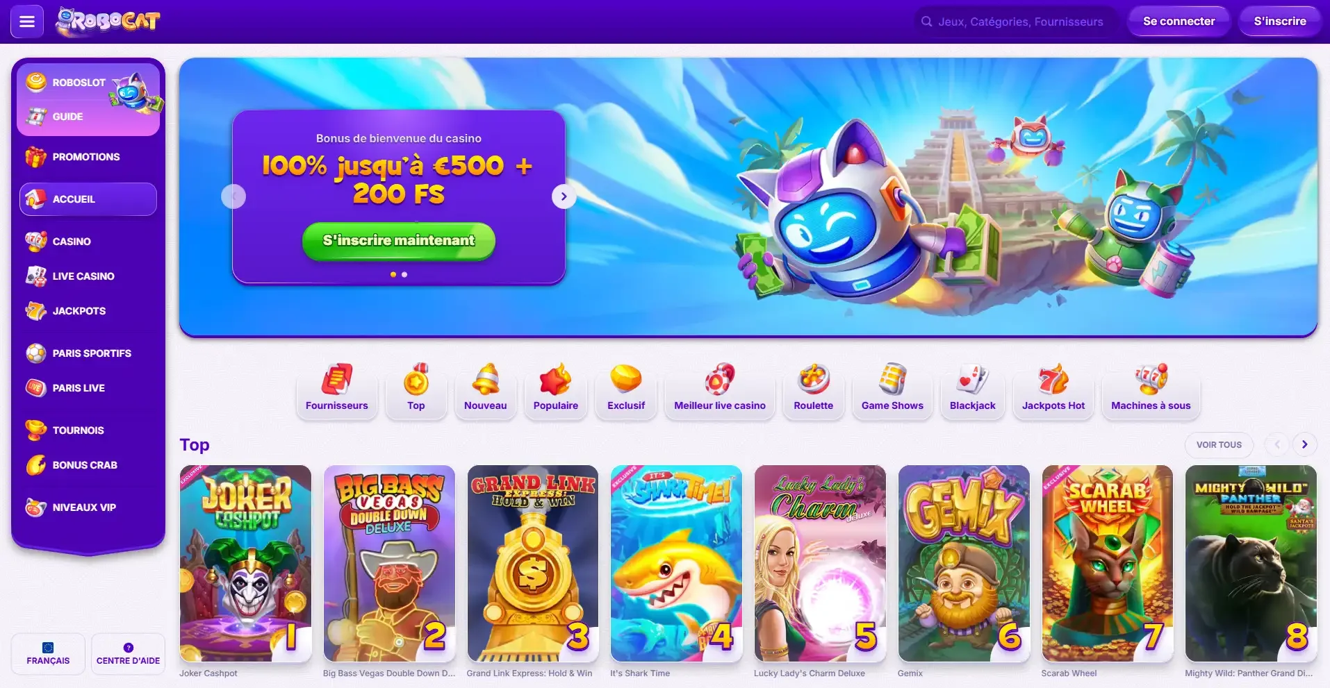 Accueil de Robocat Casino avec robots f&eacute;lins color&eacute;s, bonus de bienvenue 100 % jusqu&rsquo;&agrave; 500 &euro; et 200 tours gratuits