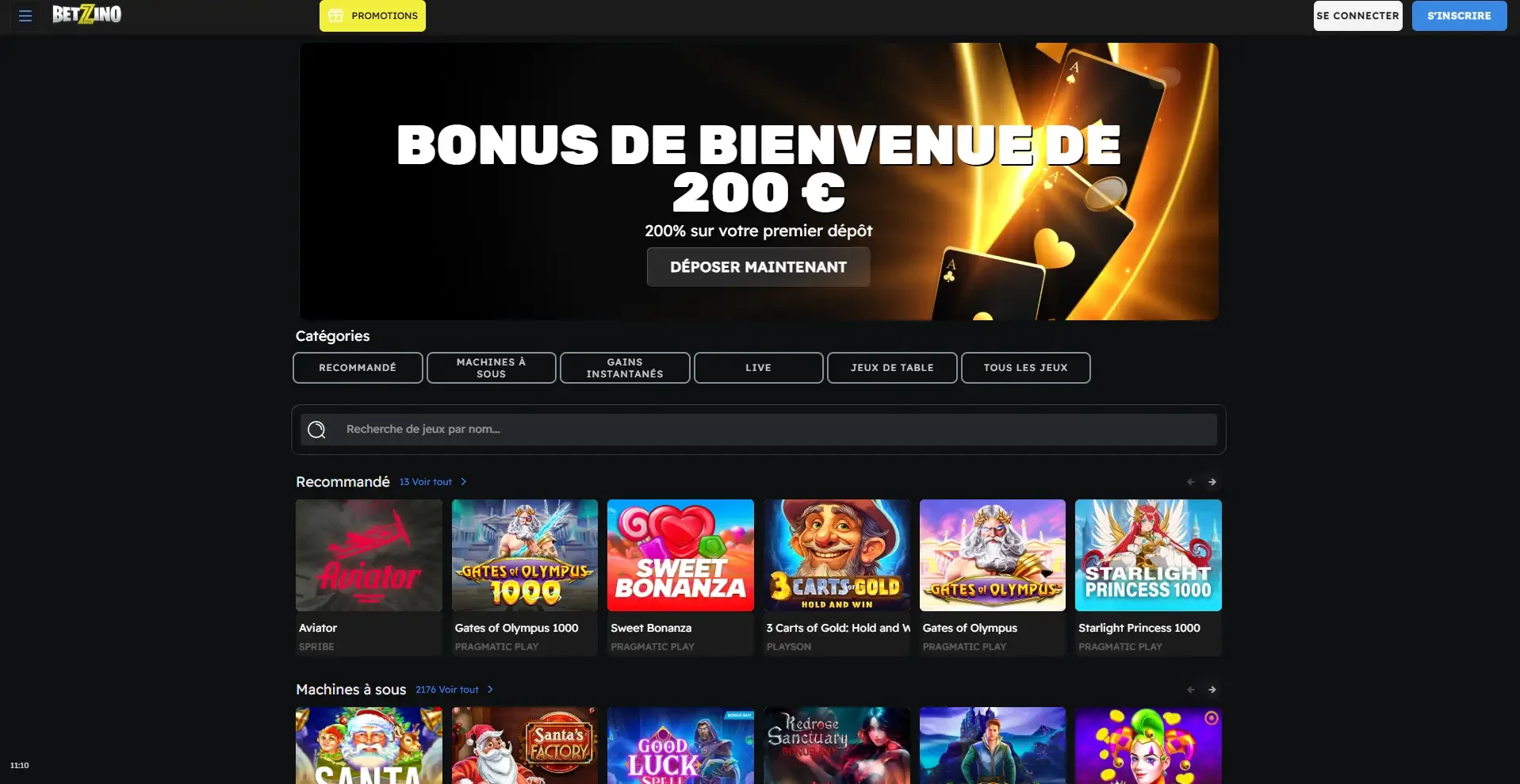 Page d'accueil du casino en ligne Betzino