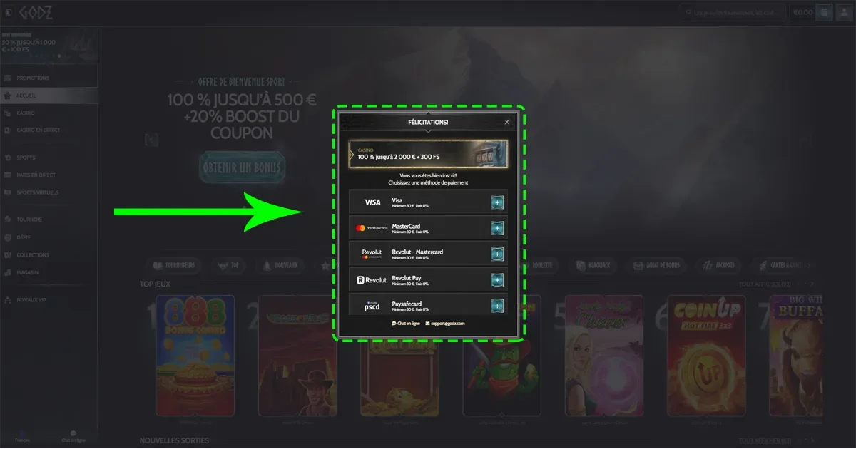 interface de d&eacute;pot sur godz casino