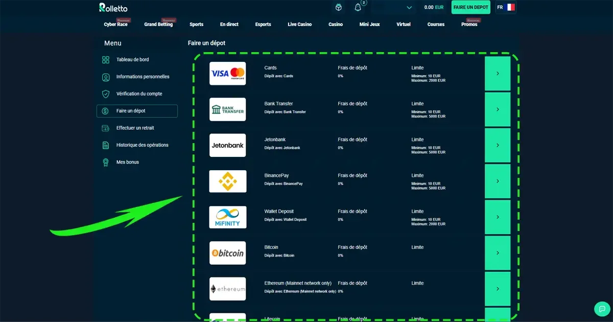 Page des m&eacute;thodes de paiement sur le casino Rolletto