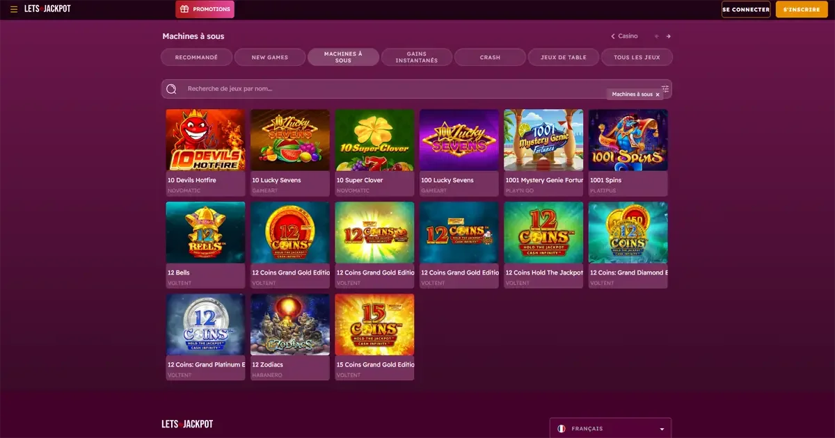 interface des machines &agrave; sous sur le casino en ligne LetsJackpot